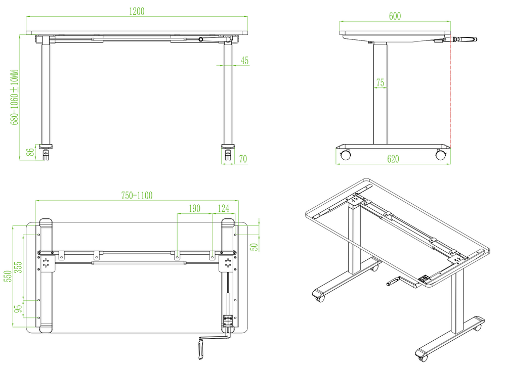 Afmetingen StudyDesk | Handslinger Zit-Sta Bureau